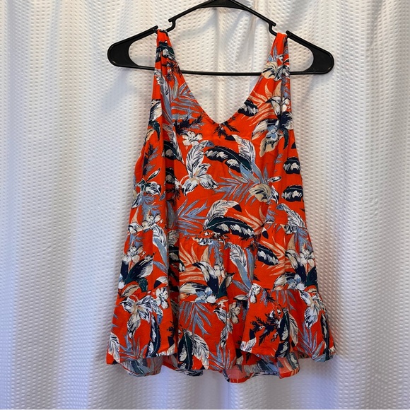 LOFT Red Orange Floral Tiered Babydoll Top - Picture 3 of 3